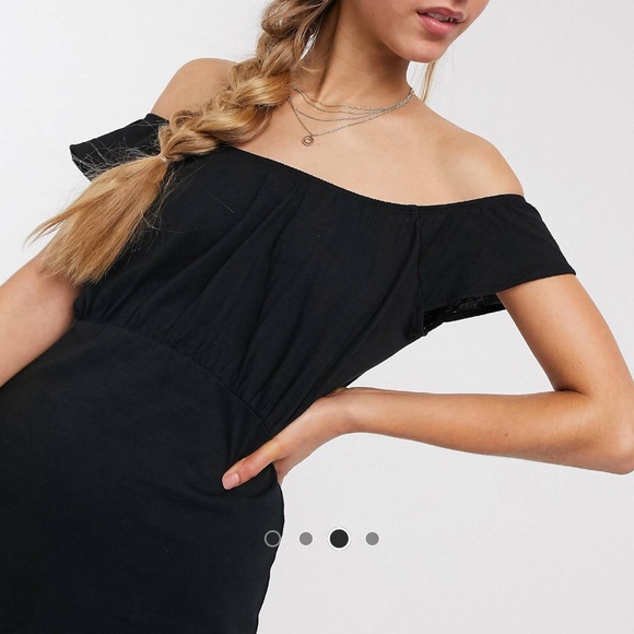 ASOS DESIGN off the shoulder mini
sundress with pep hem in black - Picture 3 of 8